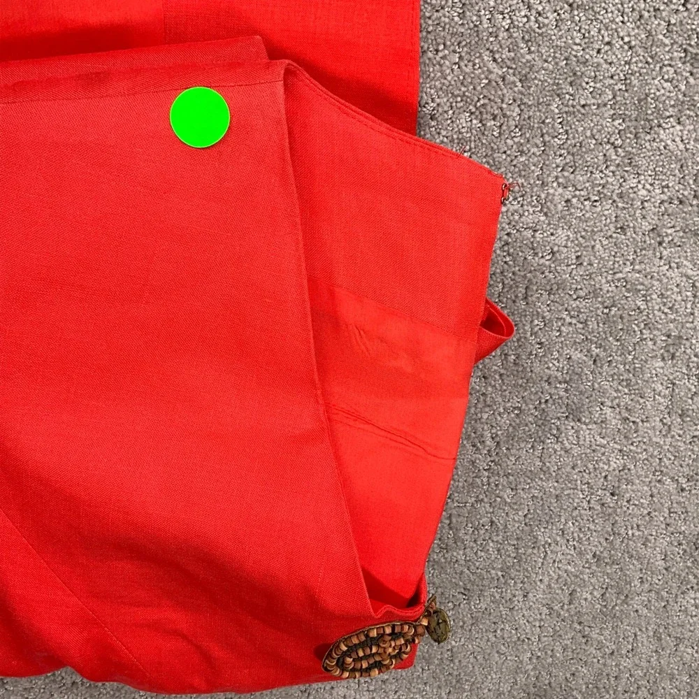 Donna Morgan Maggy Dress Women 8 Orange Linen‎ Beaded Toggle Peplum Midi USA